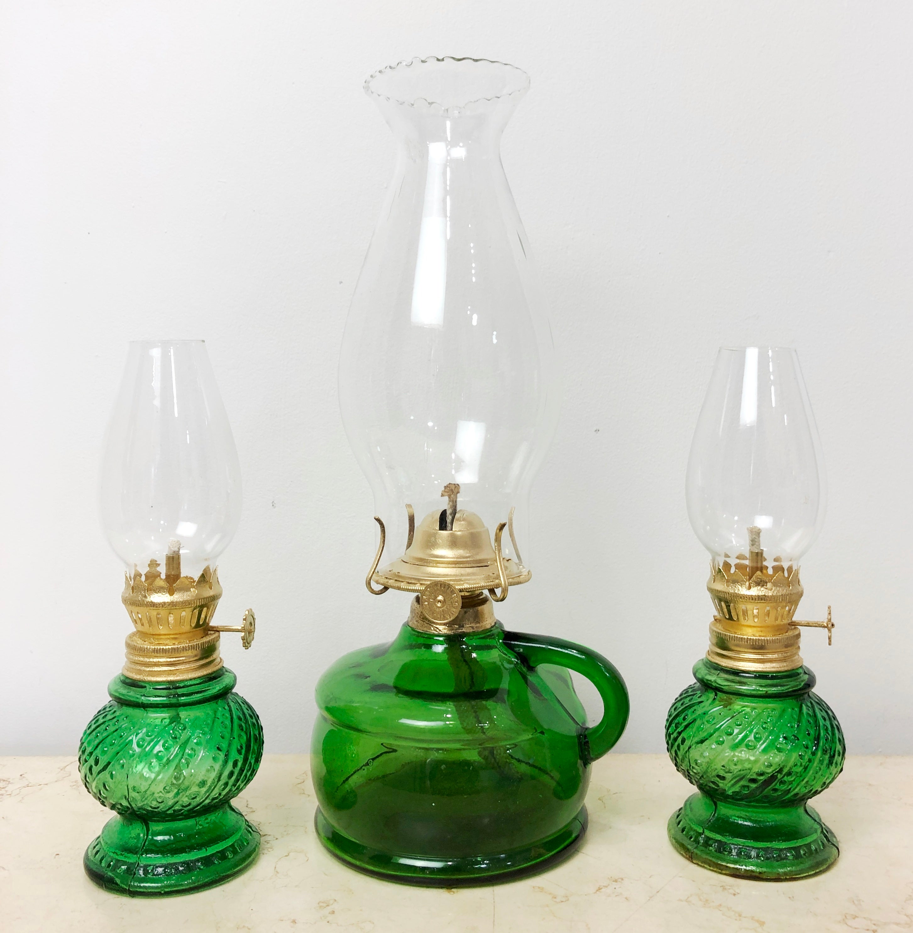 Vintage Set of 3x Green Glass Lanterns Kerosene Lamps | eXibit collection