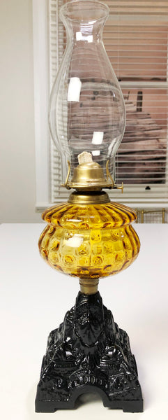 Vintage Original Cast Iron & Amber Glass Oil Lamp lantern | eXibit collection