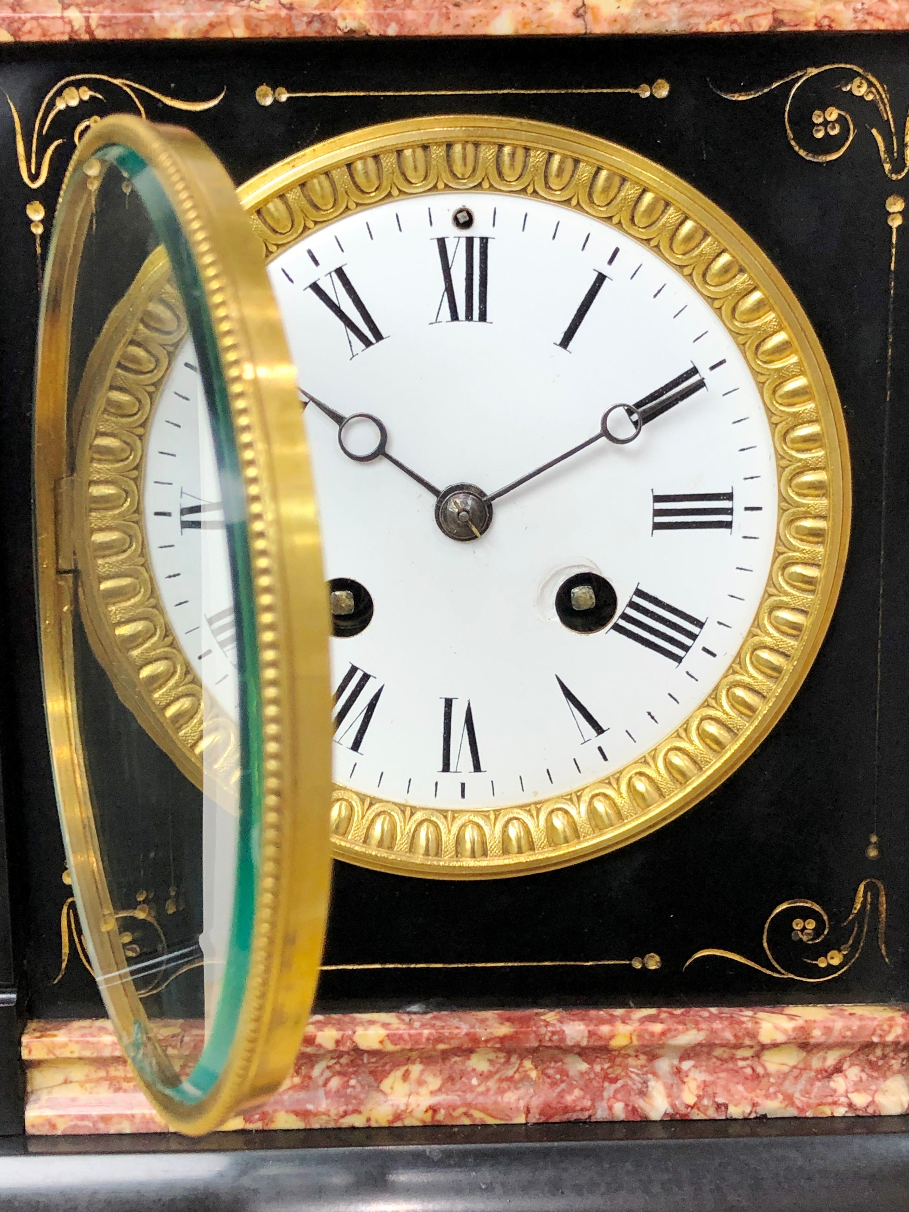 Antique French Slate with Marble Hammer Bell Chime Mantel Clock | eXibit collection