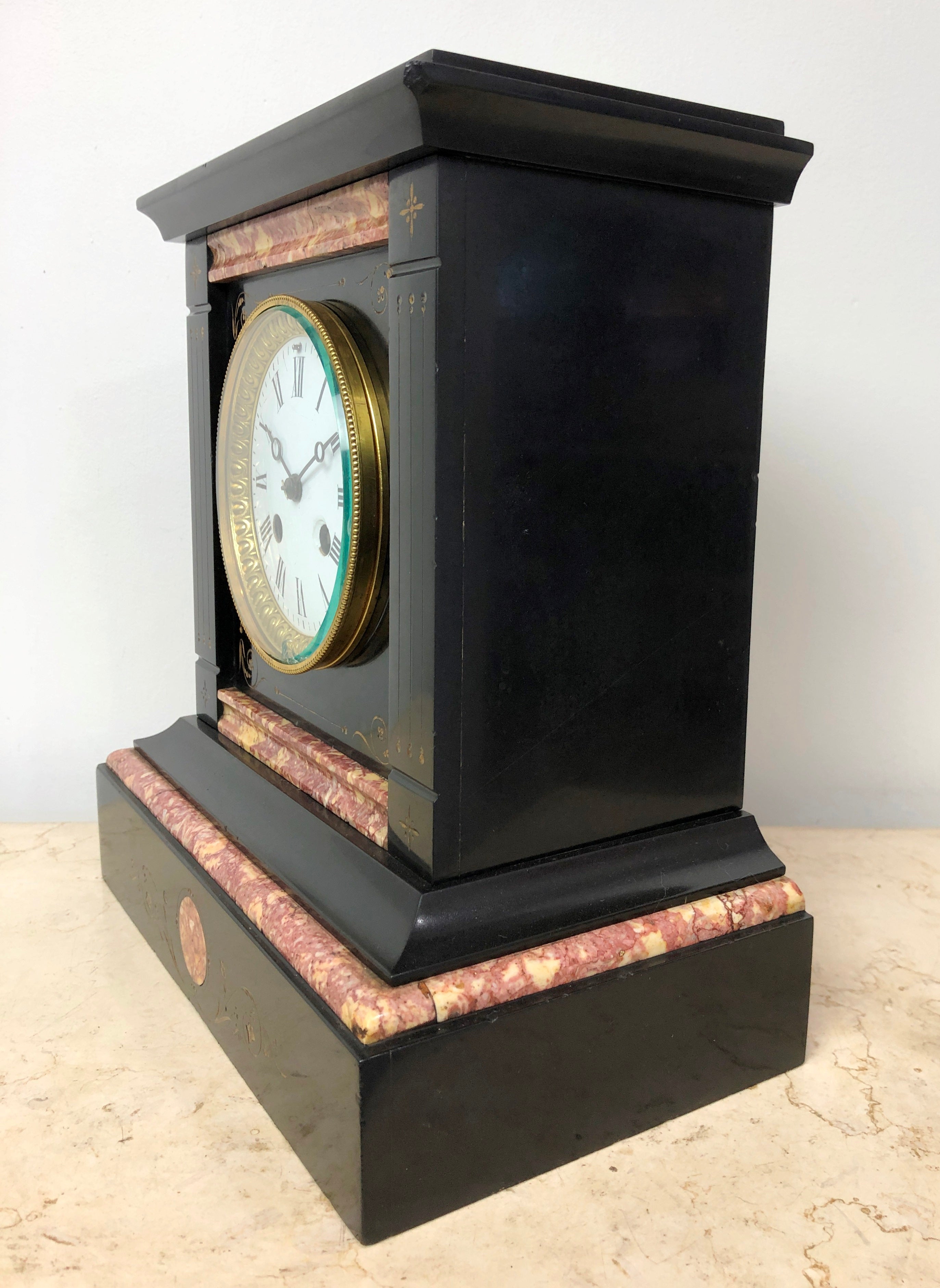 Antique French Slate with Marble Hammer Bell Chime Mantel Clock | eXibit collection