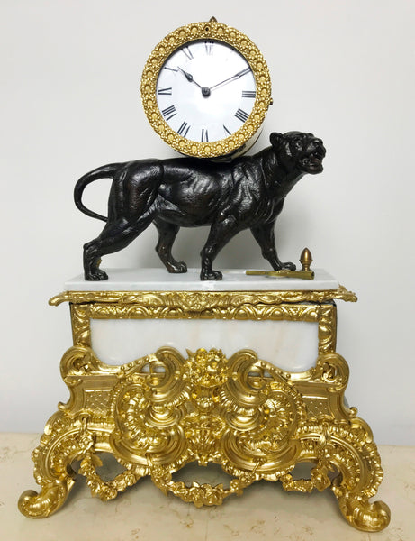 Antique PANTHER Figural Spelter Mantel Clock | eXibit collection