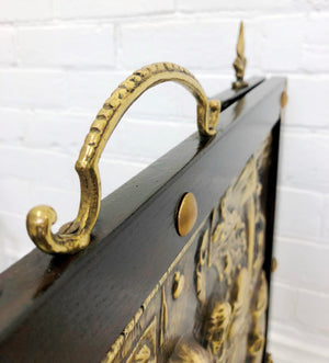 Antique Wood Framed Copper & Brass Embossed 3 Panel Fire Screen Guard | eXibit collection